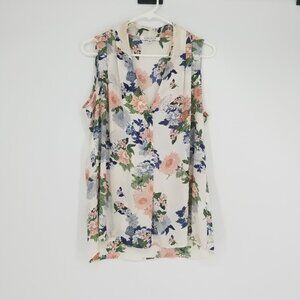 Rose & Olive Sleeveless Tank Blouse / Shell Floral V-neck, Lightweight & Cool, L